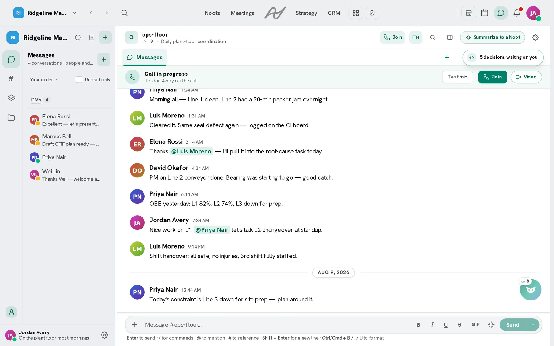 The Navalo chat: the rail on the left with direct messages under their own heading, the ops-floor channel open with a morning of plant-floor messages, mentions highlighted, the composer at the foot, and the call, summarise and settings controls in the channel header.